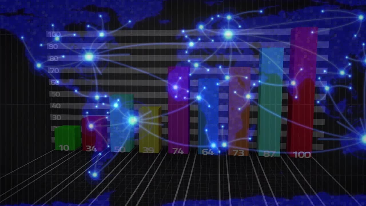 animación del procesamiento de datos financieros con estadísticas sobre el mapa del mundo