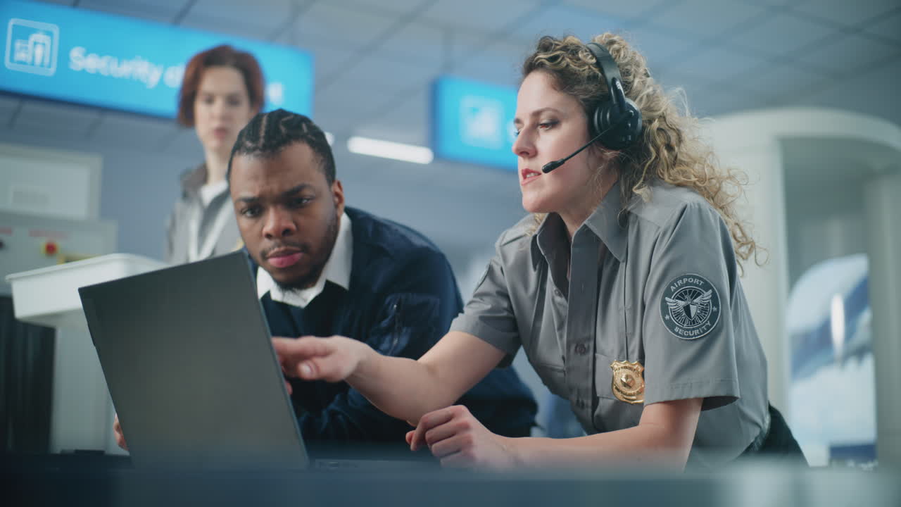 personal de seguridad del aeropuerto que trabaja en un puesto de control