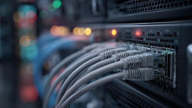 Close-Up Shots of Network Server Cables Connecting to High-Performance Equipment with Illuminated Ports, Showcasing Advanced Data Transmission Technology