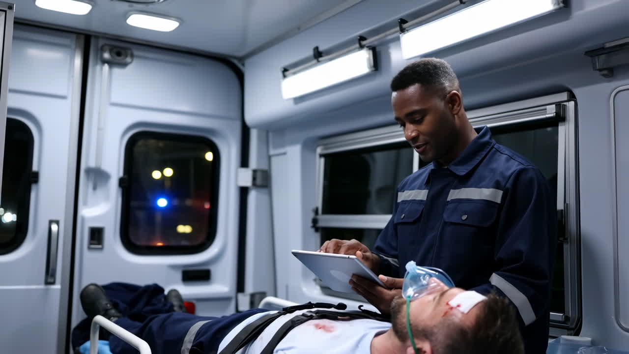 Paramedic attending to a patient inside an ambulance