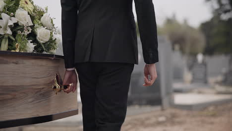 Coffin,-hands-and-man-walking-at-funeral-ceremony