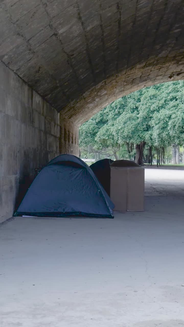 Homeless encampment under a bridge