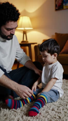 father helping son with colorful socks