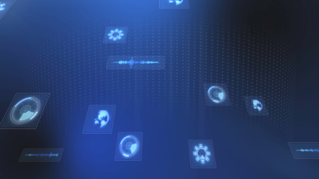 animación de escaneos y procesamiento de datos en pantallas sobre filas de puntos