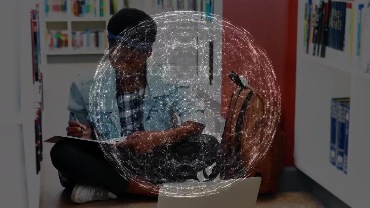 Estudante Estudando na Biblioteca com Sobreposição de Rede Digital