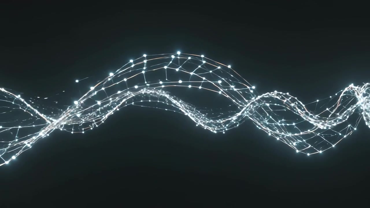 Emerging from left glowing mesh ribbons moving, forming waves across void, pulsing nodes and sparks