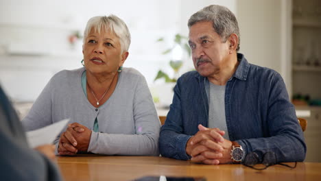 home, senior couple and meeting with investment