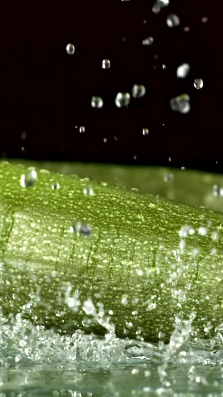 Acqua che schizza al rallentatore su una zucchina verde fresca