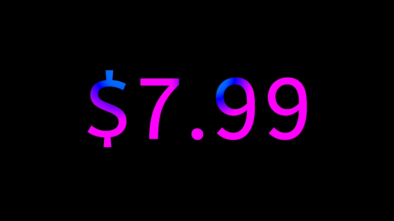 Modern Neon Fiyat Etiketi 7,99 Dolar Animasyon Parlayan Gradyan Para Birimi Metni Siyah Arka Plan Üzerinde Hareketli Grafikler, Döngüsel İş Konsepti