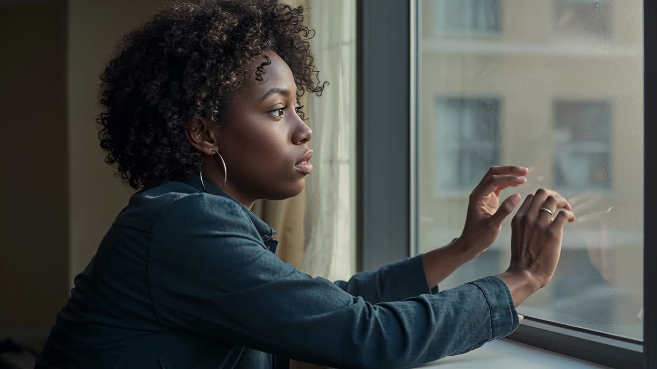 Opening eyes woman in denim jacket wearing hoops placing palms on window glass, gazing at building