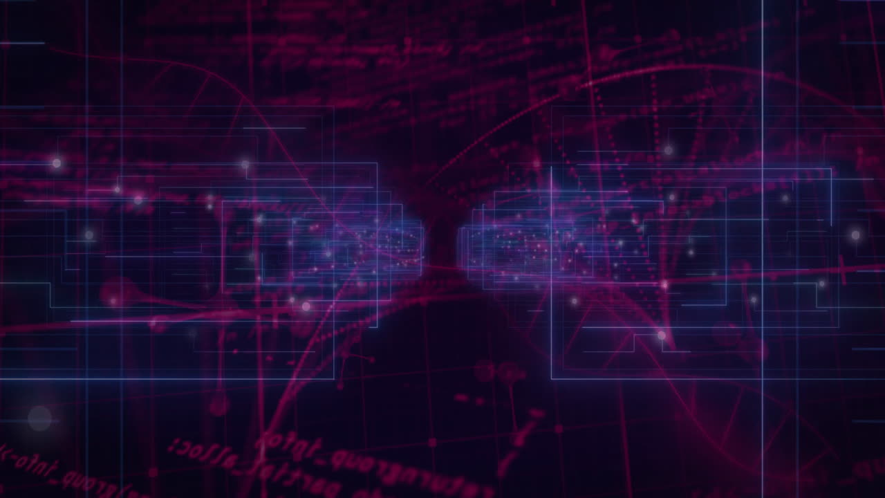 Animation of geometric shapes forming digital network on dark background