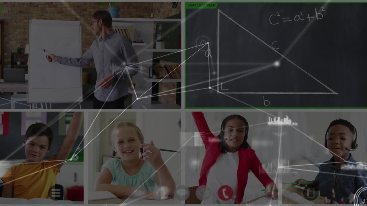 Teacher lifting marker activating overlay linking triangle with windows, boosting remote learning