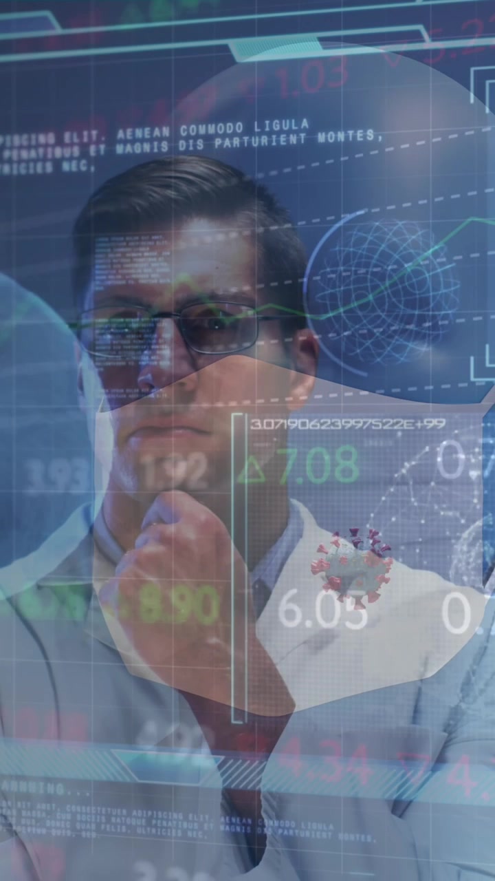 Animation of cell, human head and data over caucasian male doctor