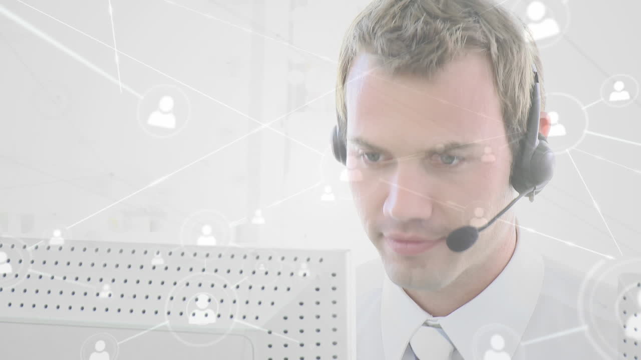 animación de redes de conexiones con iconos sobre empresario usando auriculares de teléfono