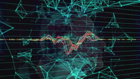 animación de redes de plexo y procesamiento de datos sobre mujer caucásica cara contra túnel
