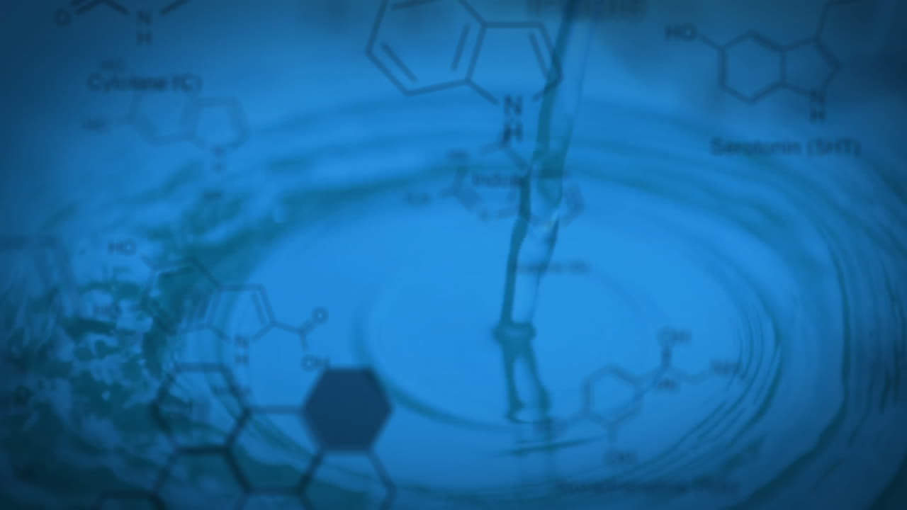 animación de estructuras moleculares sobre el agua que cae en el suelo azul