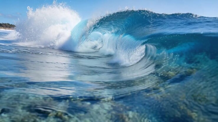 Breaking ocean wave curling over shallow reef, swell pushing and forming barrel and whitewater