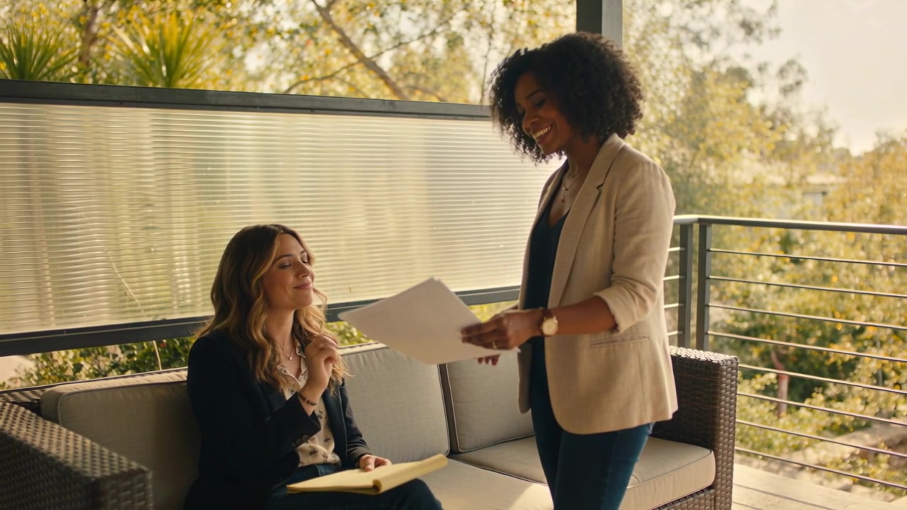 Handing documents, woman in light blazer on balcony, peer taking to review with yellow notepad