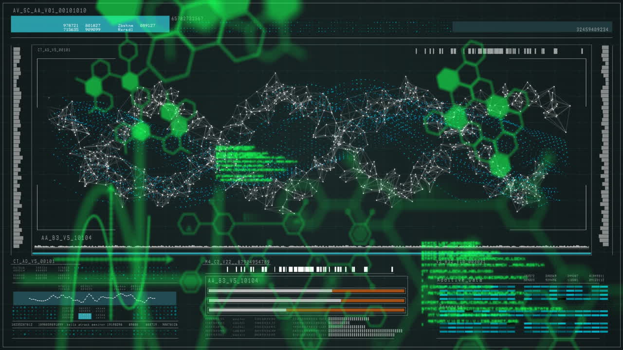 Animation of dna, brain and scientific data processing over black background