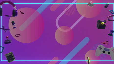 animación de iconos de juegos y música sobre formas en fondo púrpura