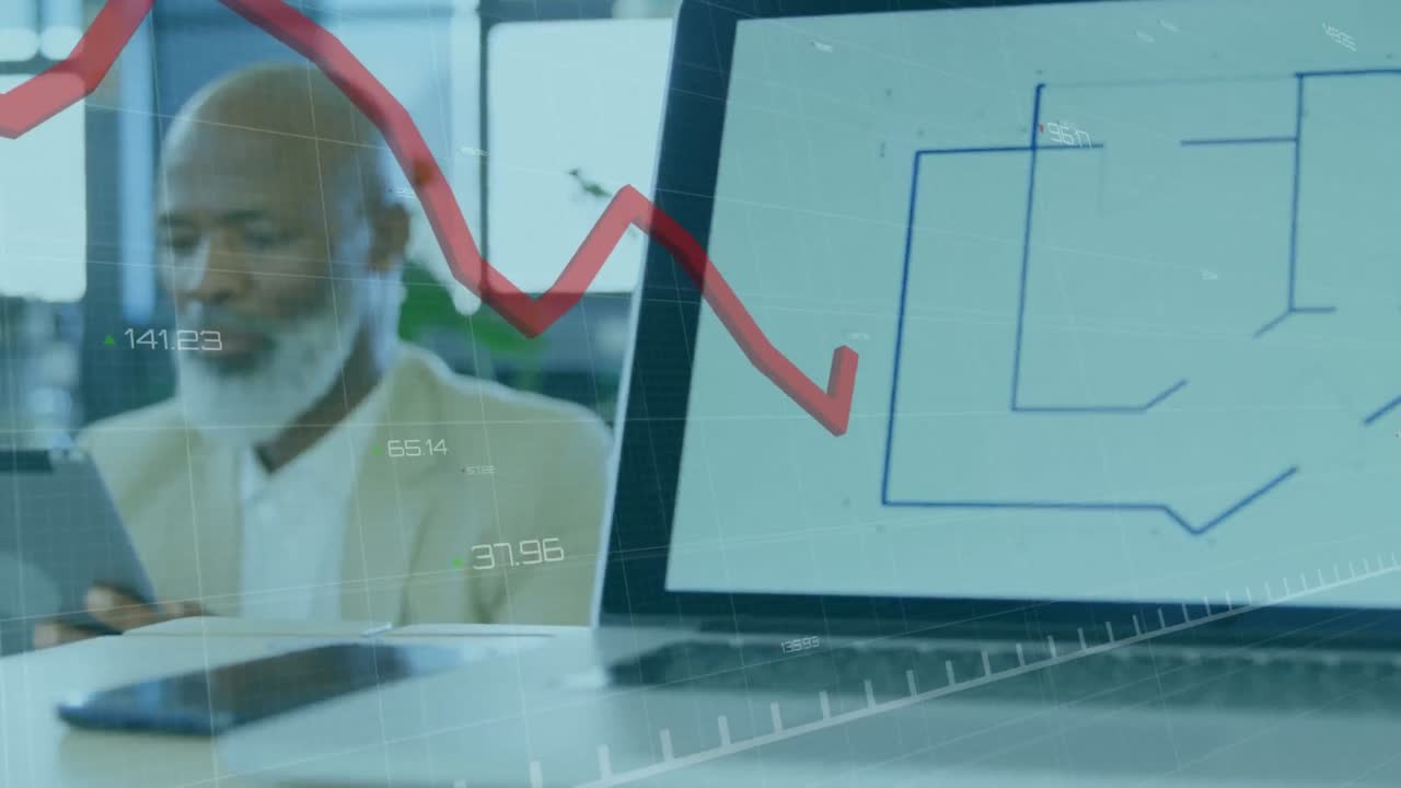 Animation of data processing over african american senior businessman using digital tablet at office