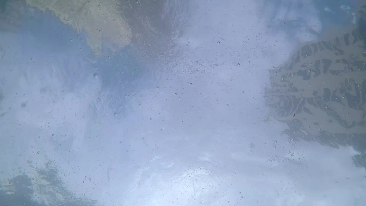 nadando a través de un manto con reflejos de altos edificios del paraíso de los surfistas en el agua