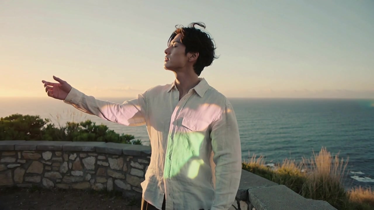Uomo che alza il braccio destro, seguendo la luce del tramonto su un muro di pietra, con proiezioni colorate che si muovono sulla camicia.
