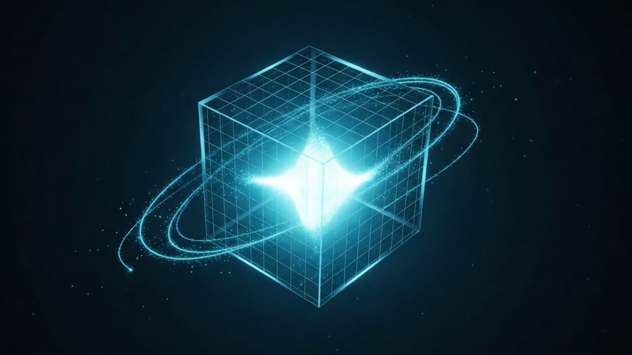 A Stunning Visualization of a Glowing Cube Surrounded by Bright Rings, Creating a Captivating 3D Effect in a Dark Background for a Futuristic Aesthetic