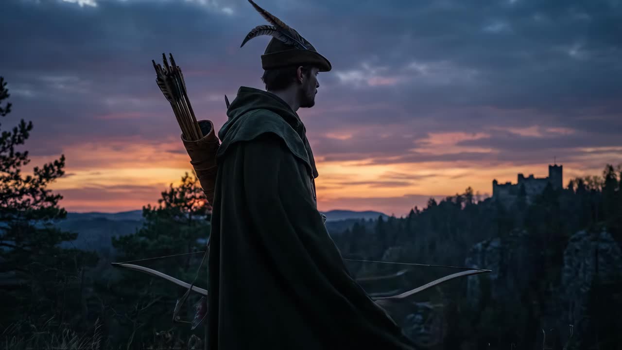 Medieval Archer with Bow and Arrows Overlooking Castle at Sunset