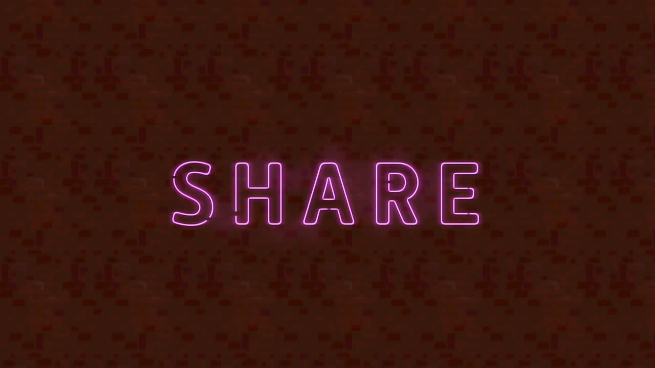 Digital animation of neon pink share text banner against textures red background