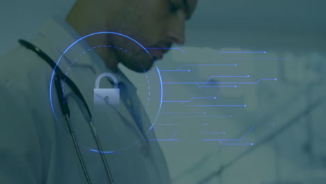 doctor with stethoscope and digital security lock animation over medical background