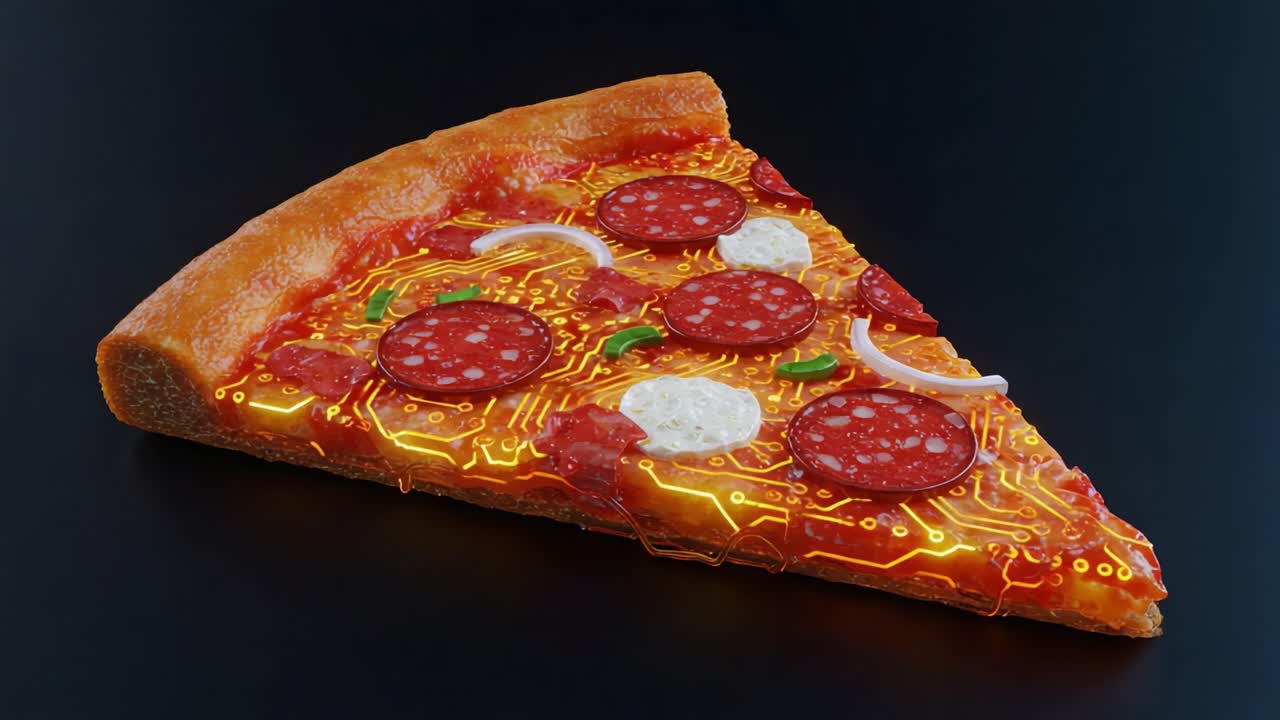 A Slice of Futuristic Pizza: A Stunning Visual Blend of Traditional Ingredients and Circuit-Themed Electronics, Perfect for Tech Enthusiasts and Food Lovers Alike