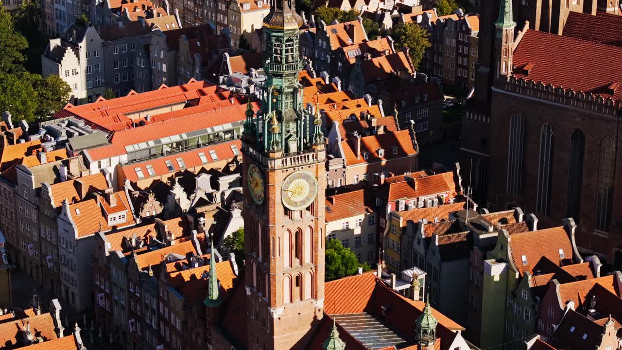 Aerial view of Gdansk Gdańsk Old Town showing historic Main Town Hall tower