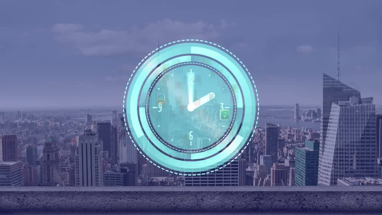 Animation of data processing with clock over city