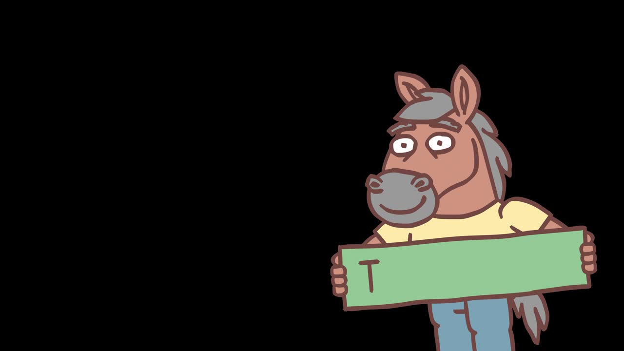 Horse appears on screen holds web button with inscription thank you. Frame by frame animation. Alpha channel