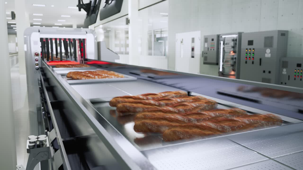 Producing Fresh Bread In An Automated Production Line Conveyor Belt