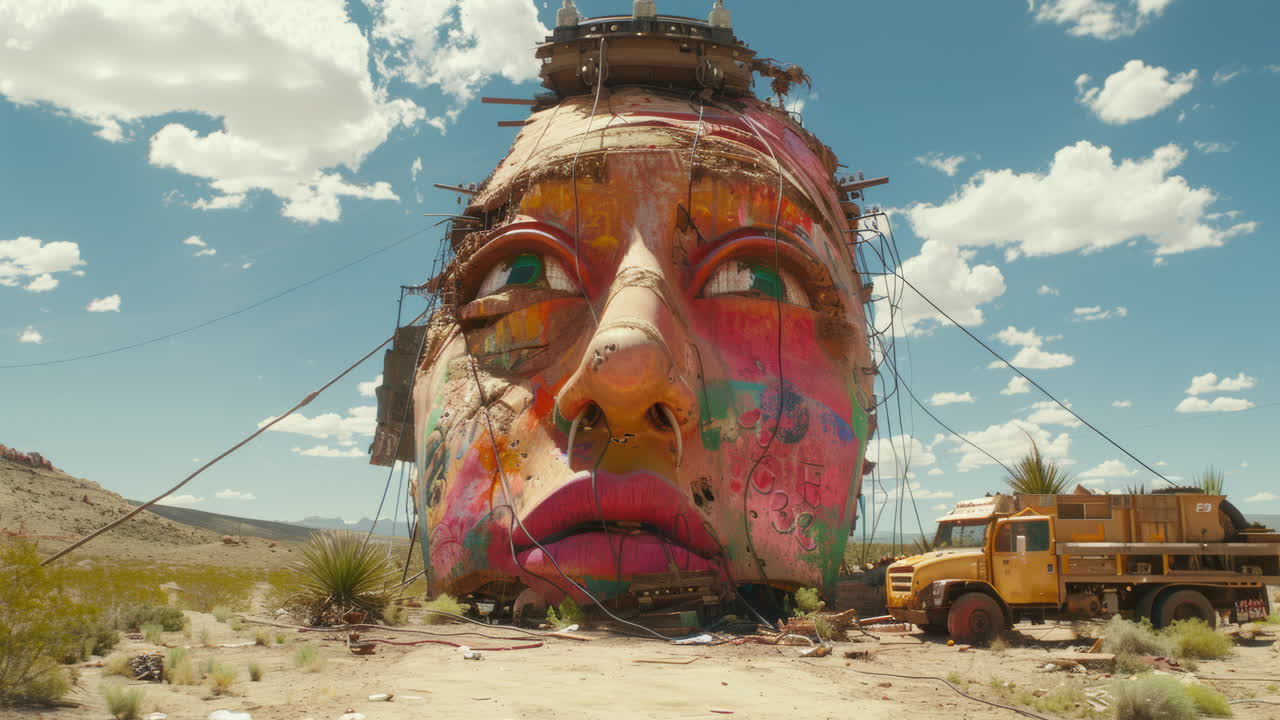 디스토피아 사막의 고대 돌 머리들은 생성 예술로 만든 헤드폰을 착용하고 있습니다.