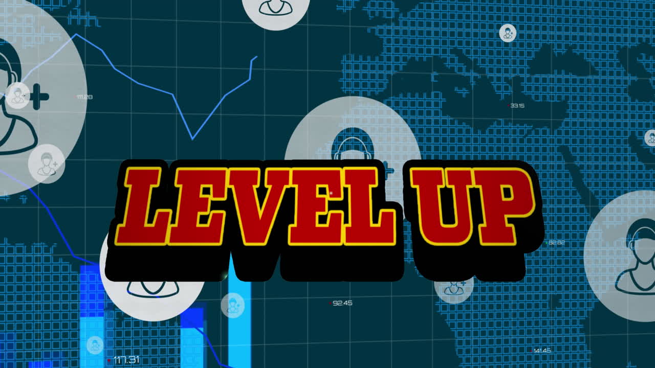 사용자 아이콘으로 디지털 추상 공간에서 레벨 업의 애니메이션