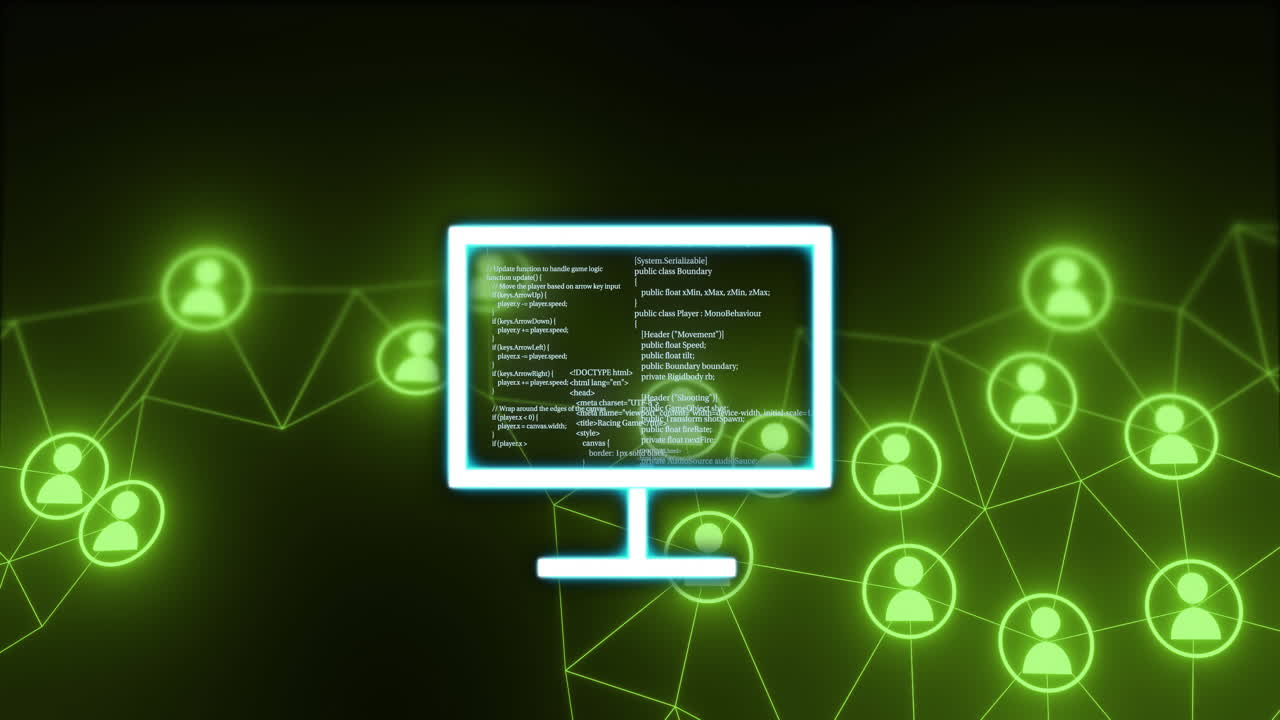 Computer screen with coding animation over network of connected user icons