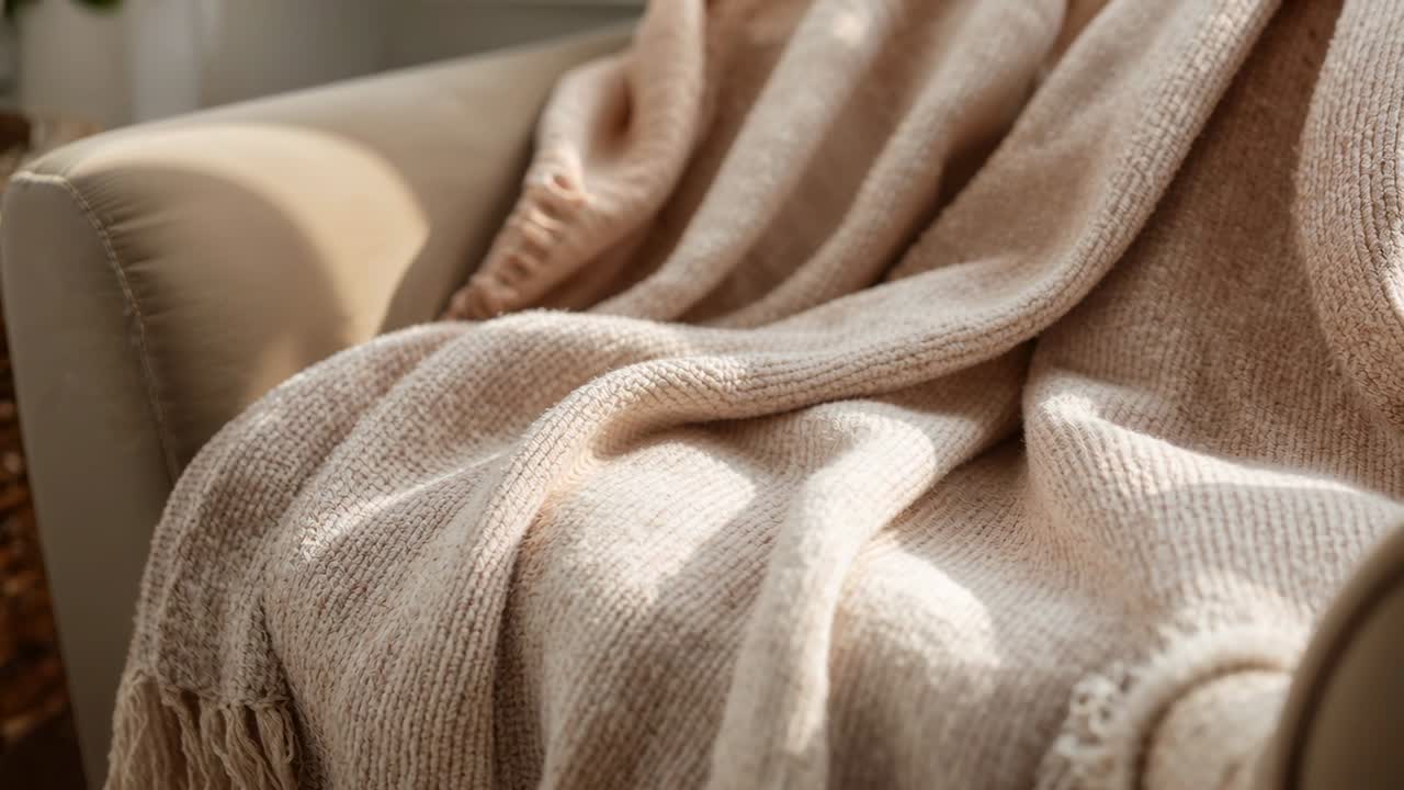 Luce della finestra che si sposta su una coperta a maglia, rivelando pieghe su una poltrona con un cesto in soggiorno