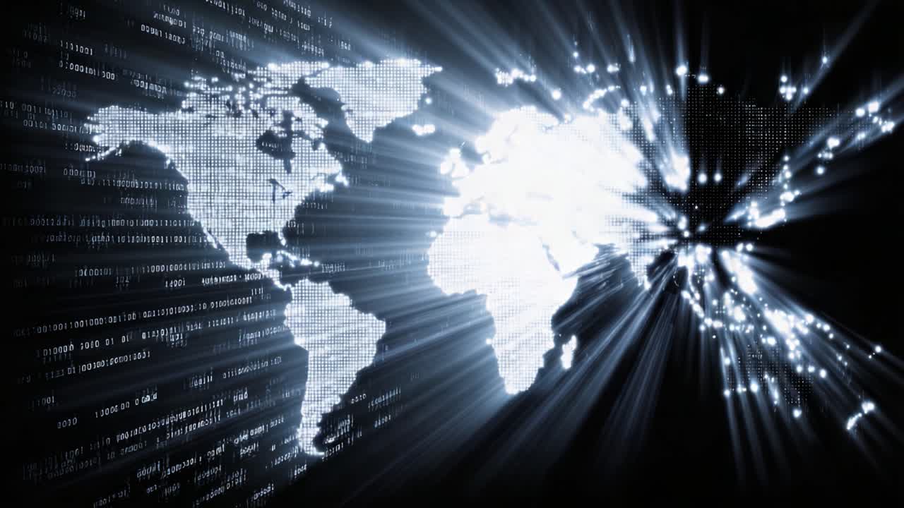A Dynamic Representation of Global Connectivity Through Data Transmission: Illuminated World Map with Radiating Light Effects and Binary Code Background
