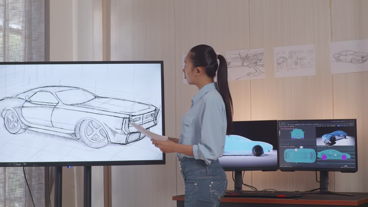 아시아 여성 자동차 디자이너가 스튜디오에서 자동차 점토 조각을 작업하는 동안 tv의 사진과 디자인을 비교하고 있습니다.