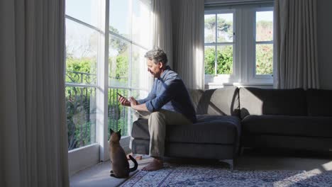 happy senior caucasian man sitting in sunny living room using smartphone and stroking cat