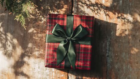 close up of a christmas gift wrapped in red plaid paper with a green bow