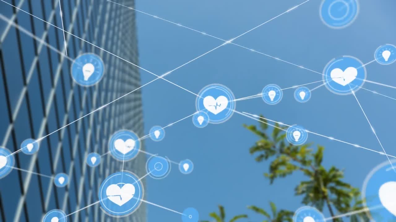 현대적인 사무실 건물 위의 아이콘과 연결 네트워크의 애니메이션