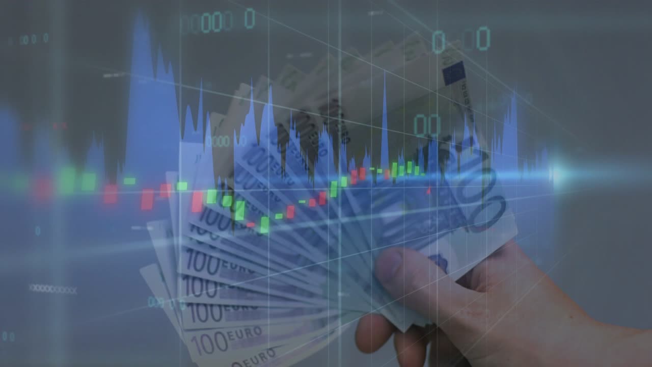 Et overlay vises, en hånd holder og vifter med 100€ sedler, mens et diagram animeres og viser sammenhæng mellem kontanter og marked.