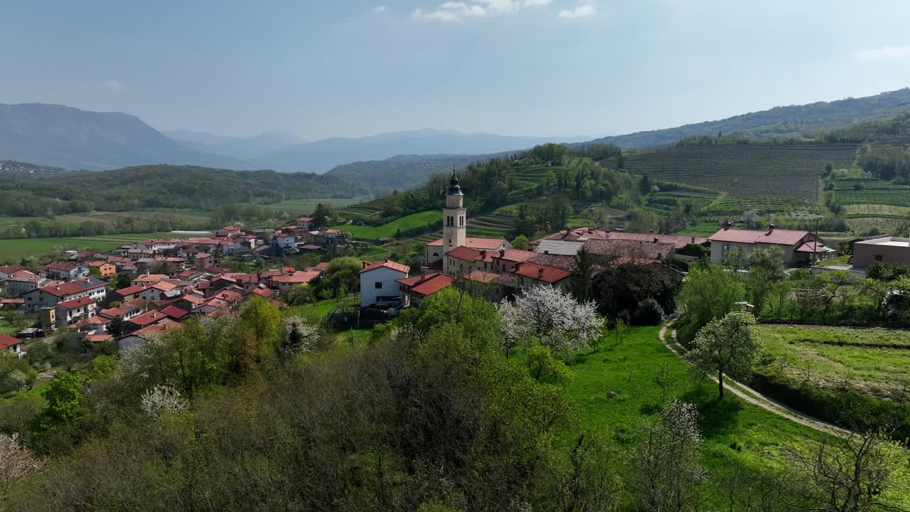 Panoramic View Of The Medieval Settlements In Vipava Town In Western Slovenia. Aerial Drone Shot