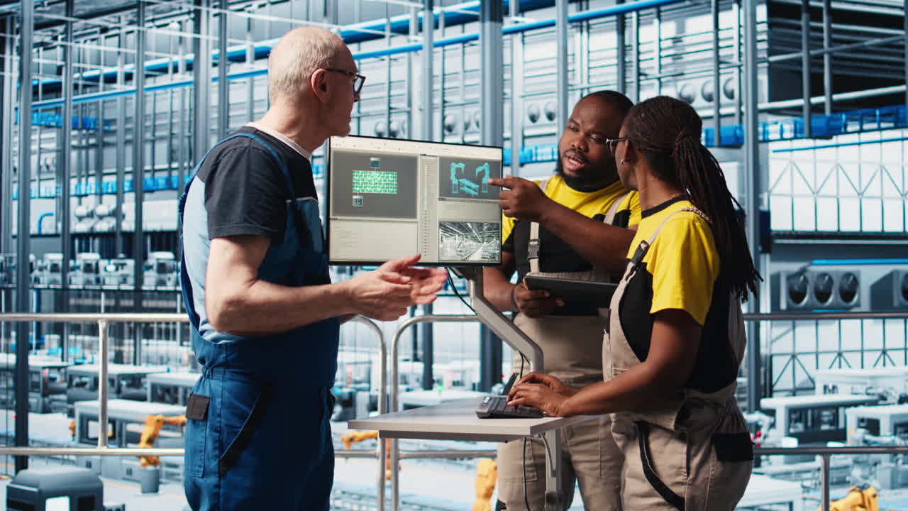 Photovoltaics smart factory elderly team leader talks with workers