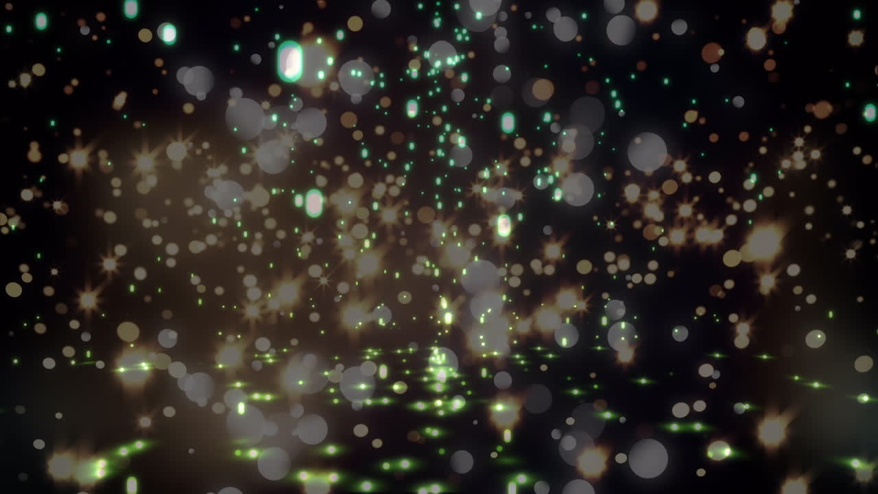 animación de partículas de brillo digital y destellos de lente que se mueven en bucle sin costuras sobre un fondo negro