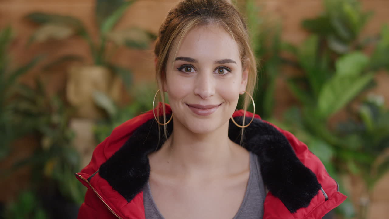 retrato de una joven elegante sonriendo, una mujer caucásica linda disfrutando de un estilo de vida feliz con una chaqueta roja, plantas de fondo